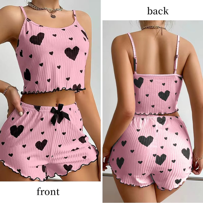 Women's 2-Piece Pajama Set - Soft and Breathable Sleepwear with Love Print Tank Top and Shorts in White (S, M, L)